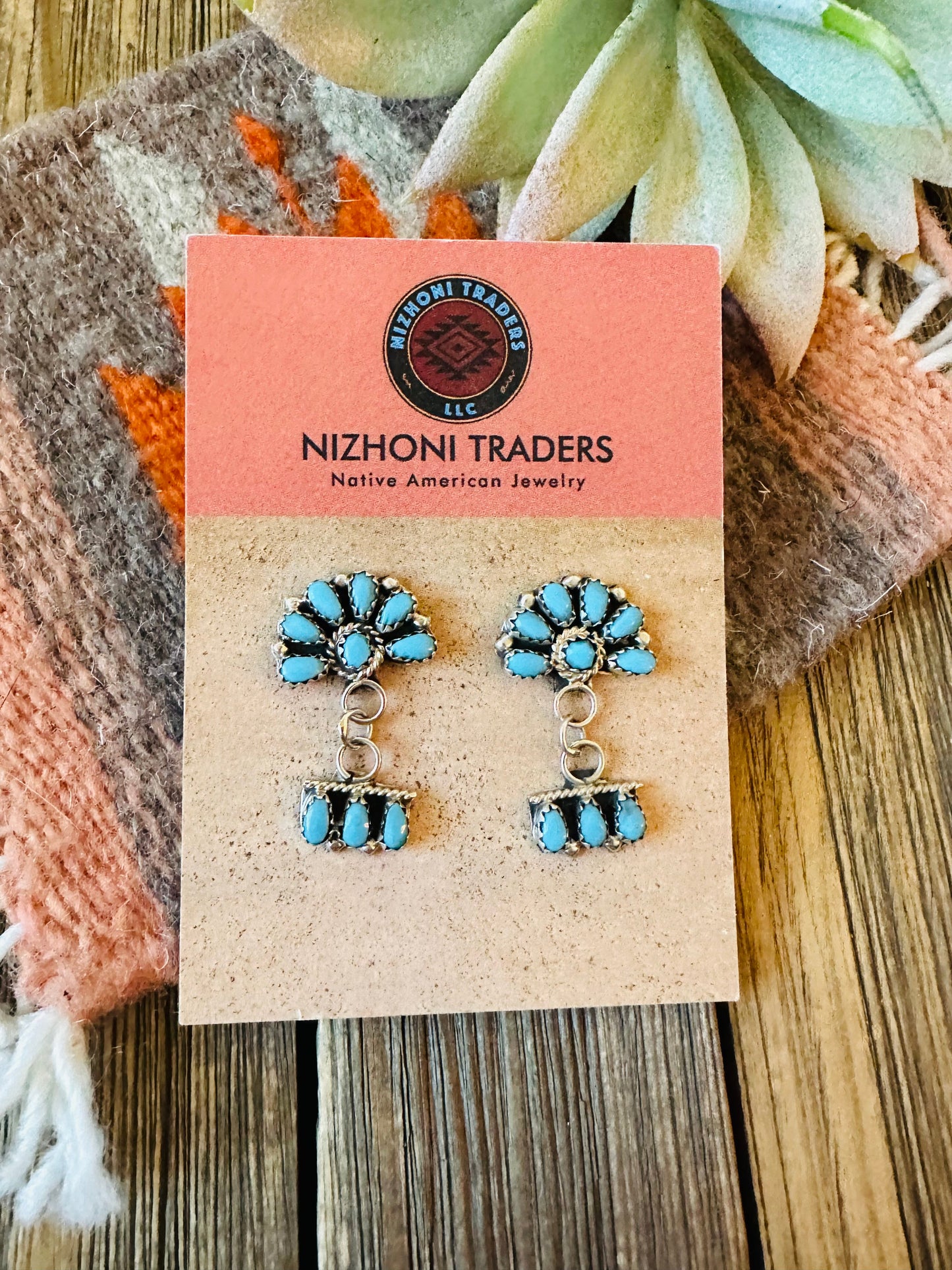 Zuni Sterling Silver & Turquoise Cluster Dangle Earrings