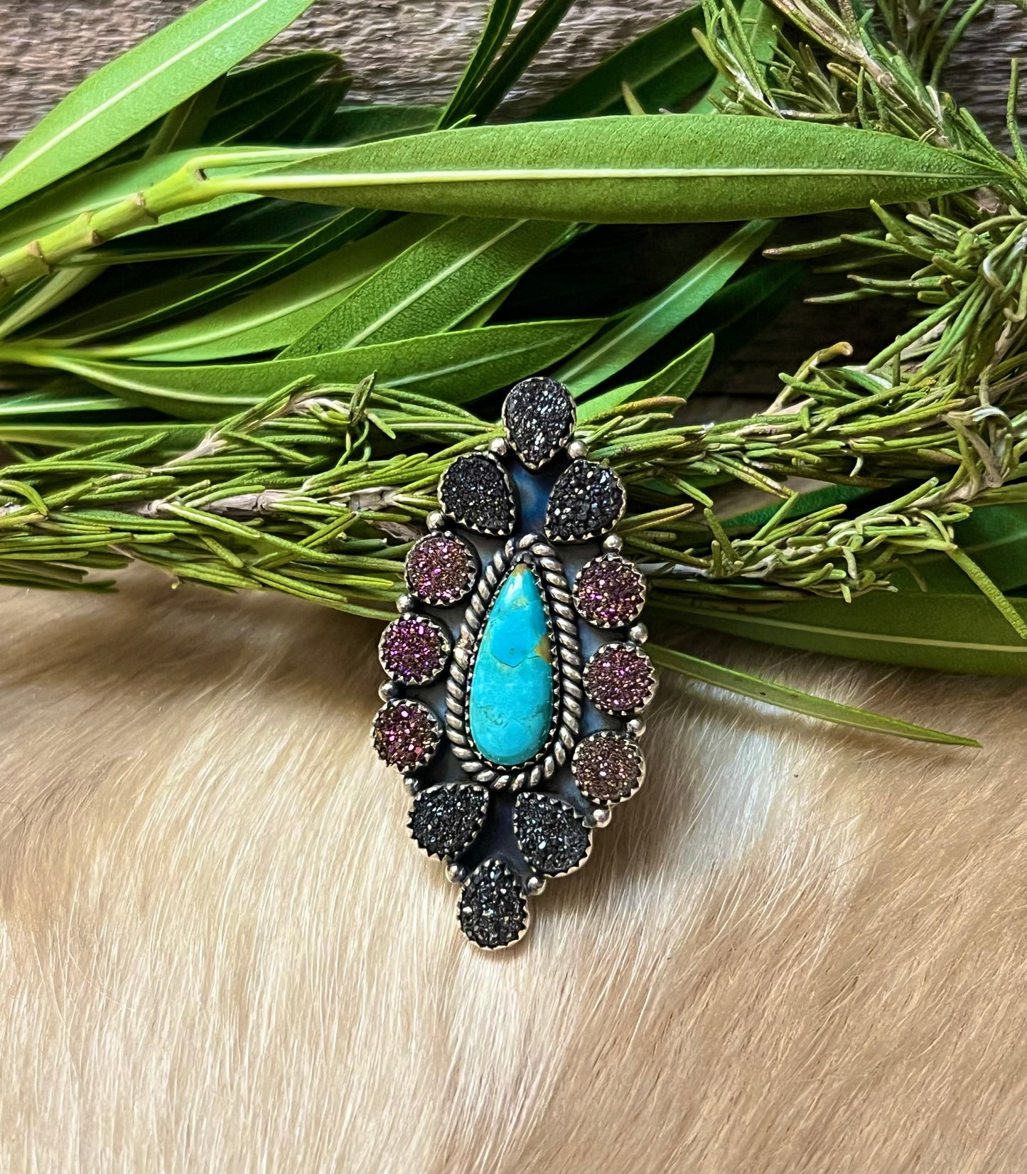 Handmade Sterling Silver Turquoise  with Purple & Black Druzy Adjustable Statement Ring