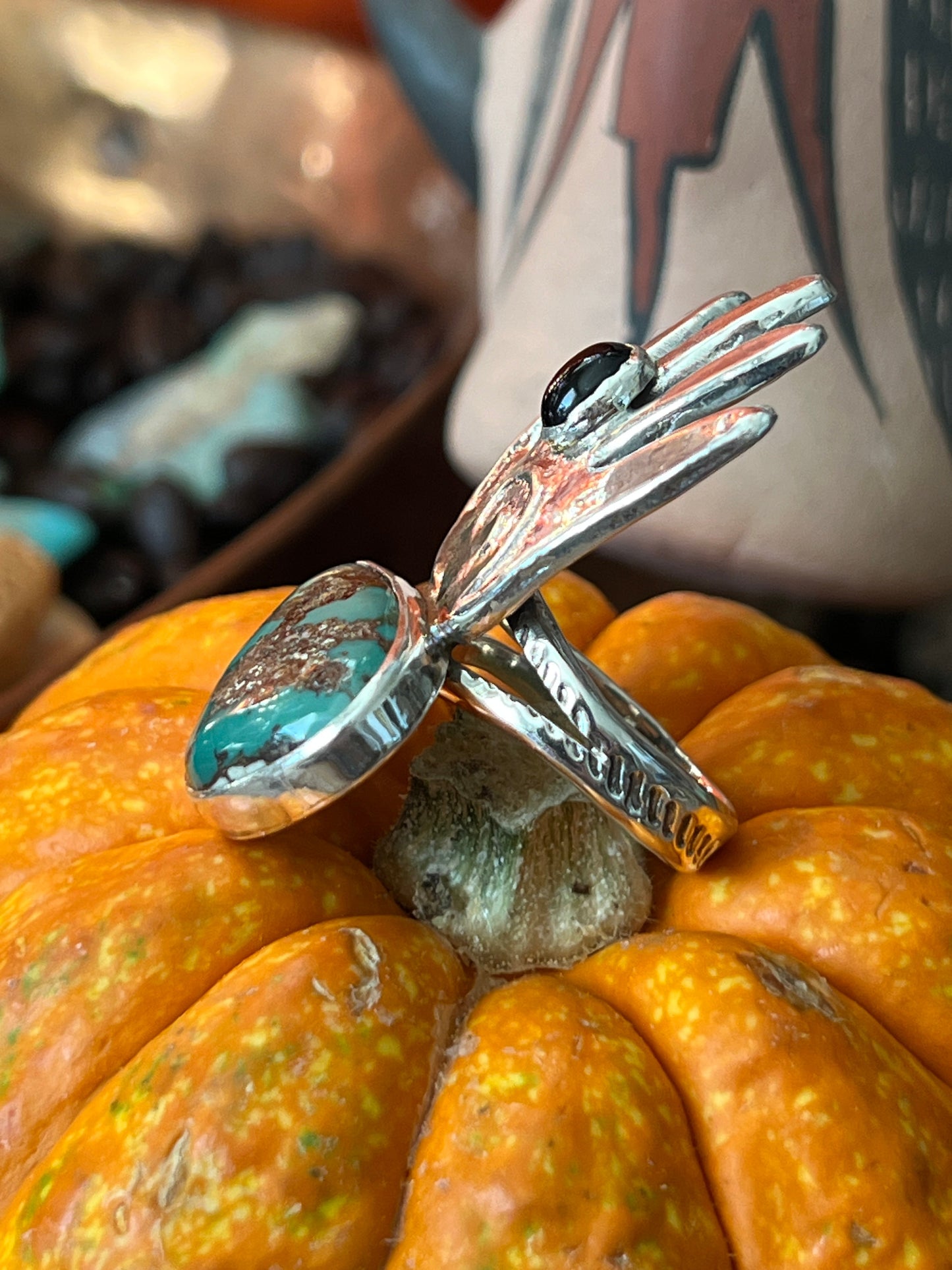 Handcrafted Sterling Silver, Turquoise and Black Onyx Hand Ring by Jay Coriz, Size 8