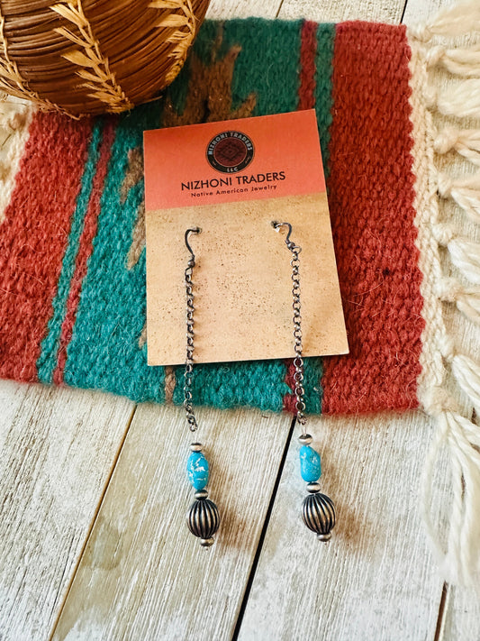 Handcrafted Turquoise & Sterling Silver Chain Dangle Earrings