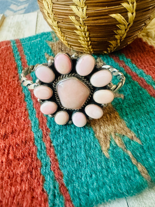 Navajo Queen Pink Conch Shell & Sterling Silver Cluster Cuff Bracelet