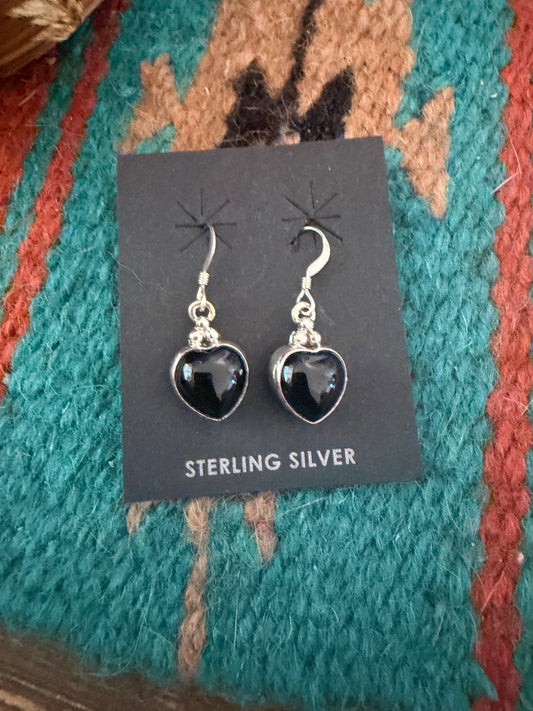 Handcrafted Black Onyx & Sterling Silver Heart Dangle Earrings