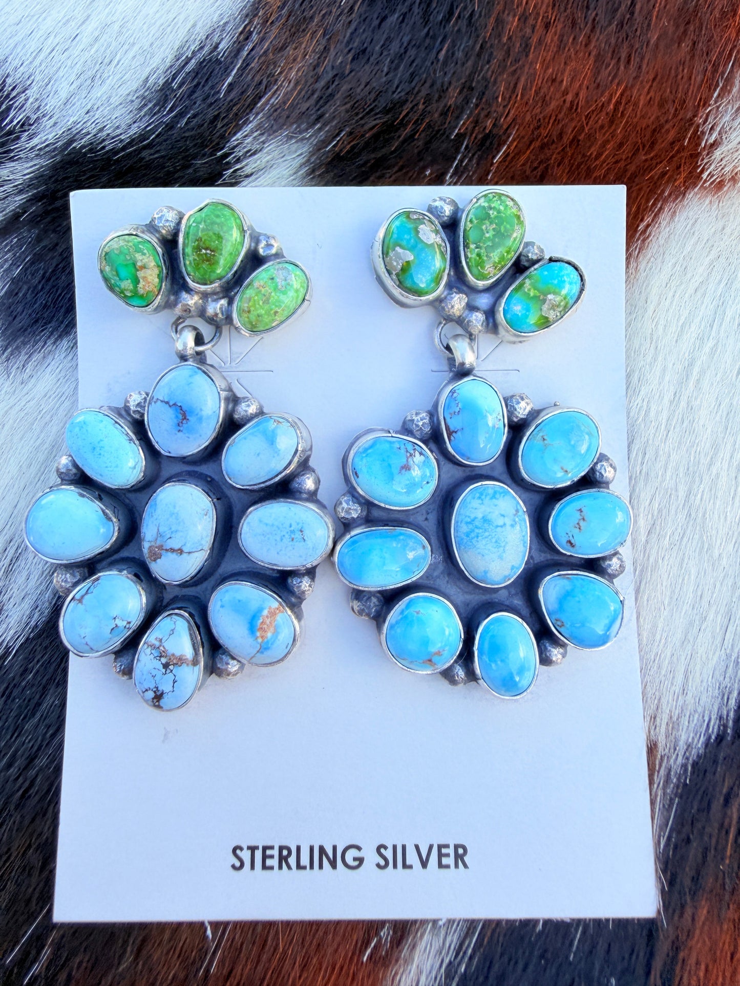 Handcrafted Multi Turquoise & Sterling Silver Cluster Dangle Earrings
