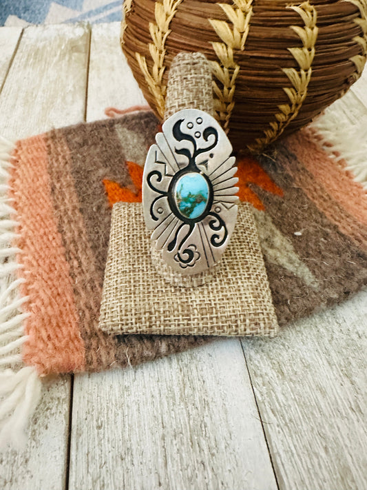 Handcrafted & Hand Stamped Sterling Silver & Sonoran Mountain Turquoise Ring Size 9