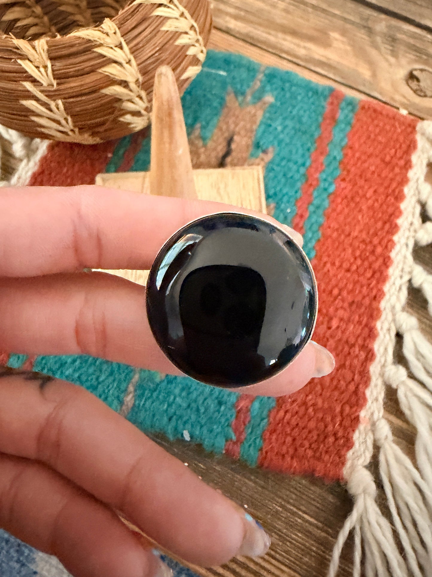 Handcrafted Black Onyx & Sterling Silver Ring Size 7.25