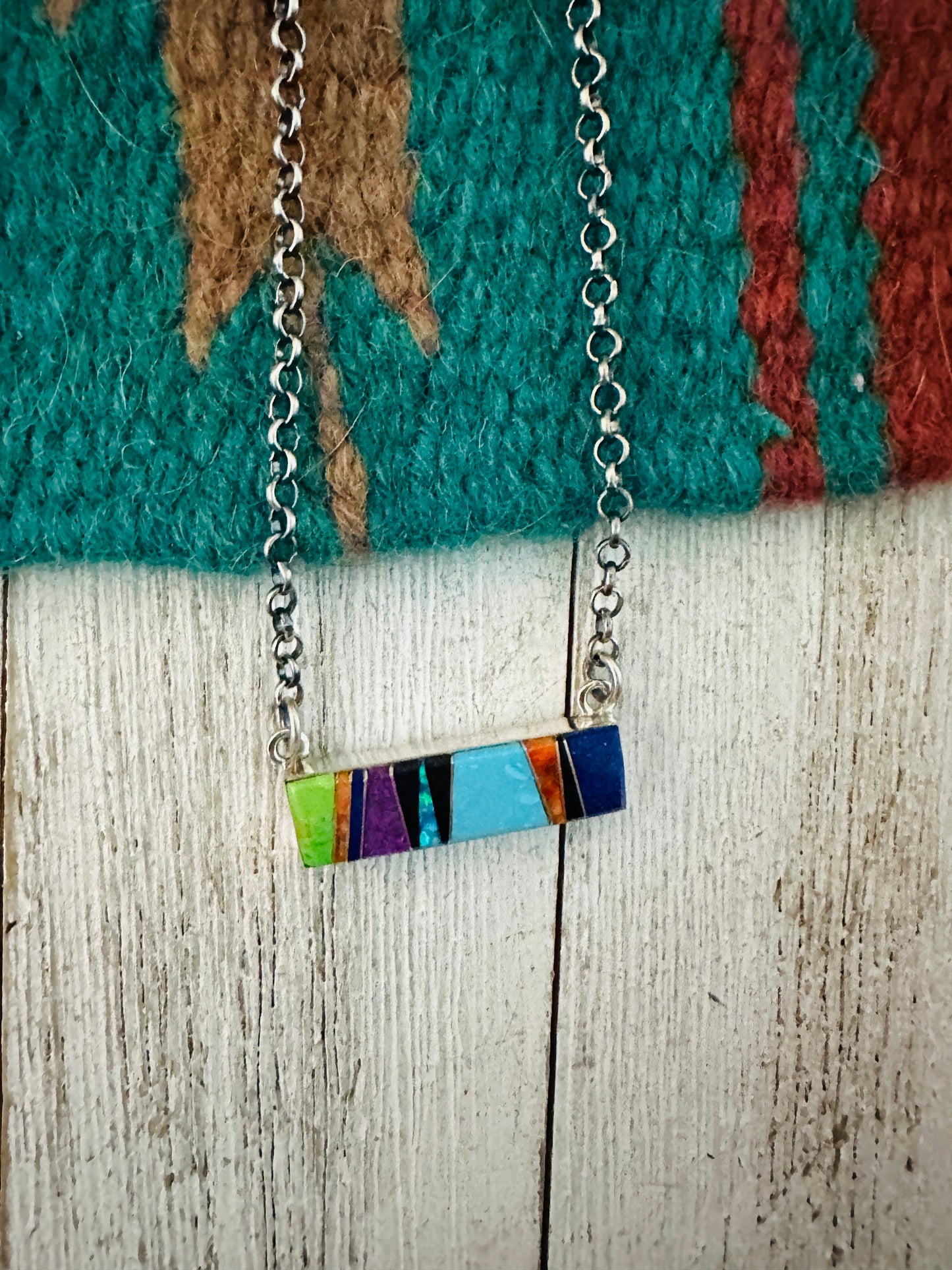 Handcrafted Multi Stone & Sterling Silver Inlay Bar Necklace