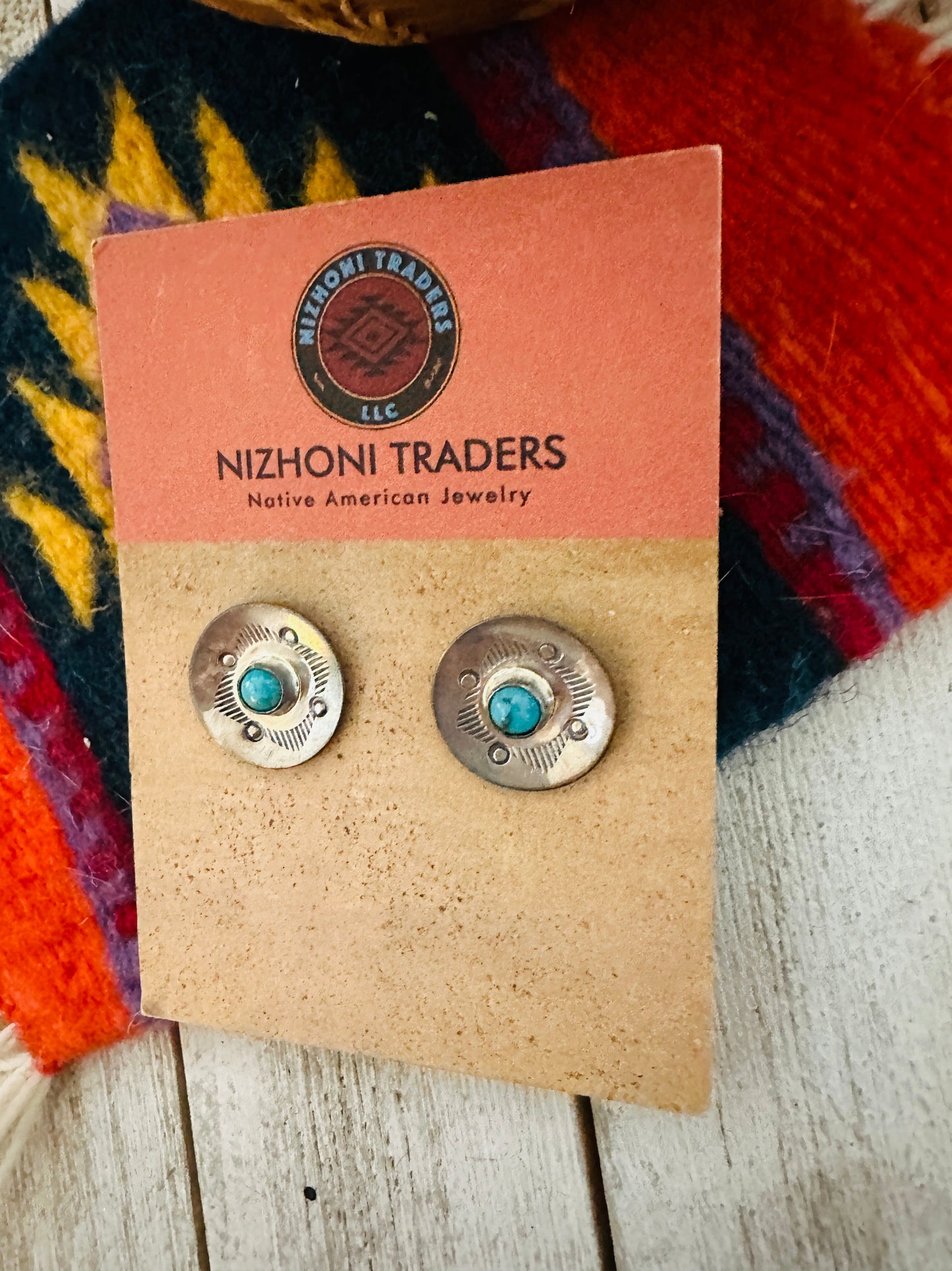Handcrafted Hand Stamped Sterling Silver & Turquoise Concho Stud Earrings