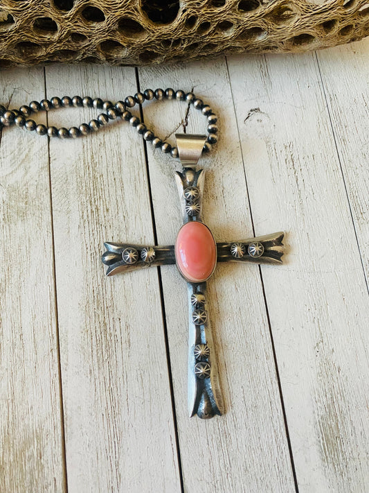Handcrafted Queen Pink Conch Shell & Sterling Silver Cross Pendant By Chimney Butte