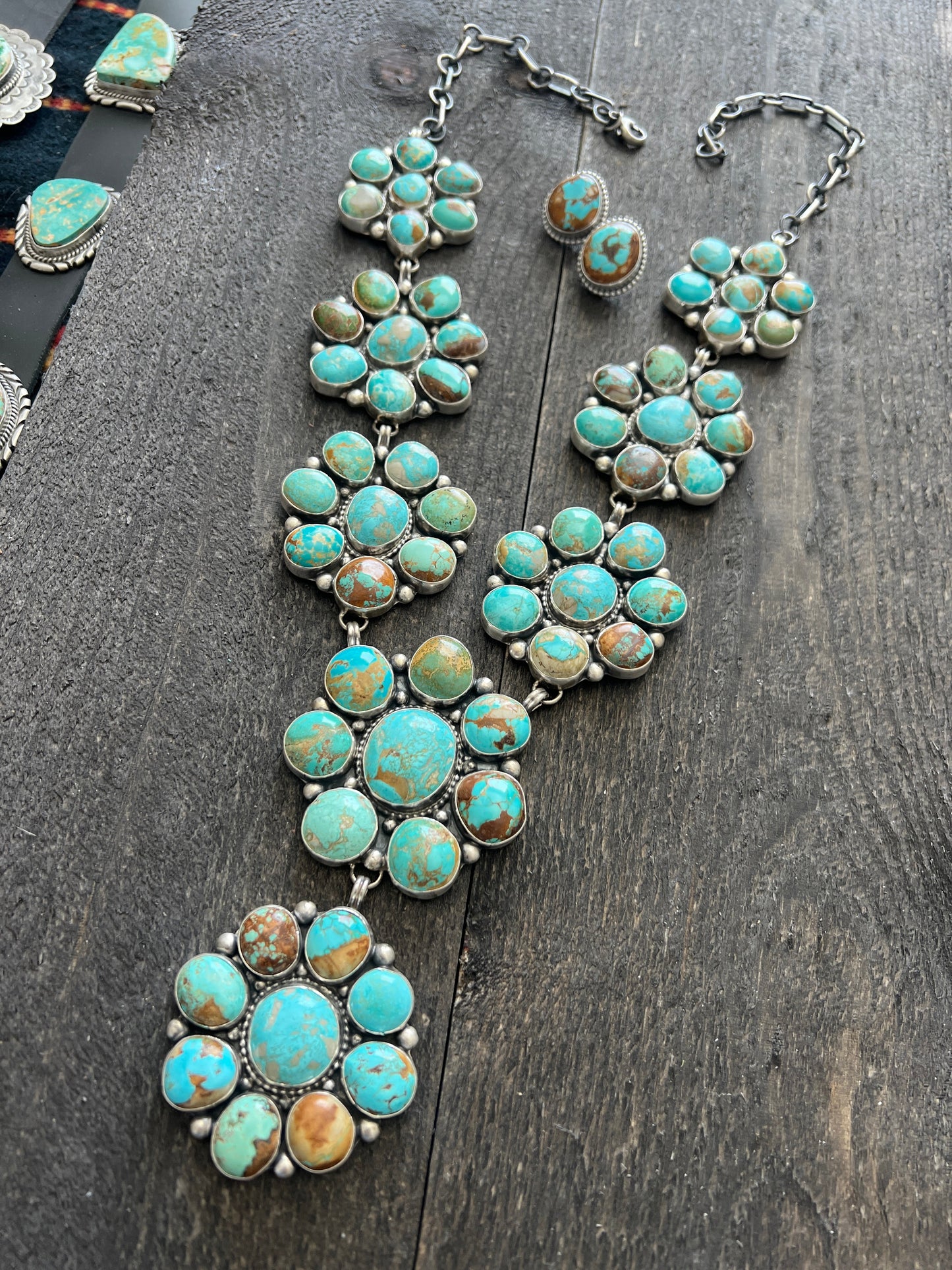 Handcrafted Big Mama Sterling Silver and Royston Turquoise Cluster Necklace with Matching Earrings by Sheila Becenti