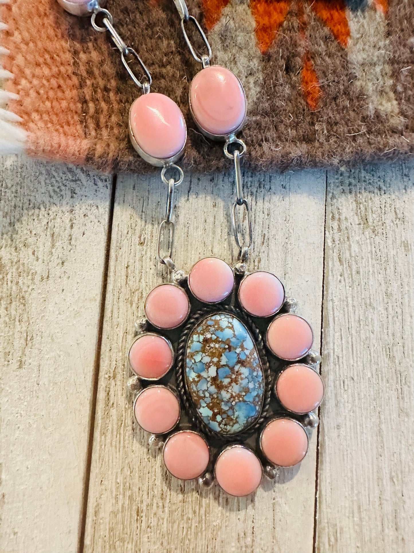 Handcrafted Turquoise, Queen Pink Conch & Sterling Silver Necklace Earrings Set