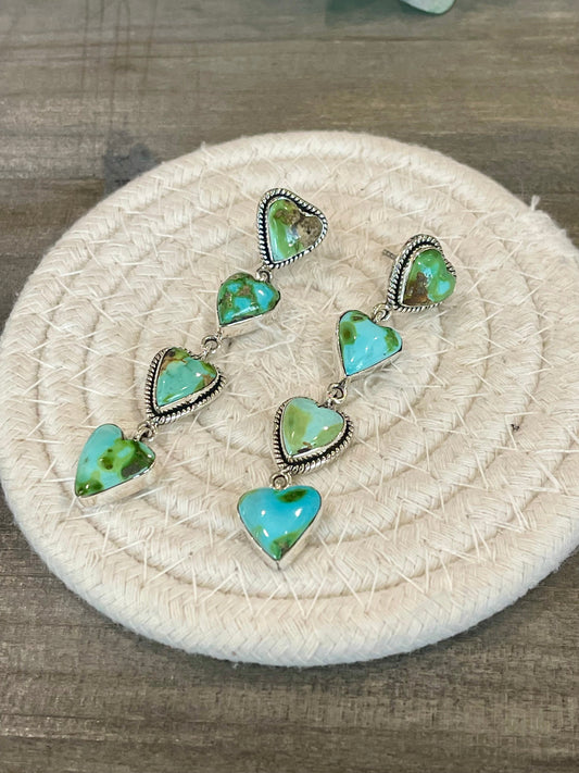 Handmade Emerald Valley Turquoise and Sterling Silver Dangle Heart Earrings