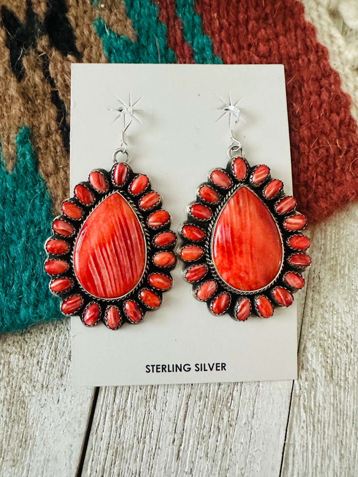 Handcrafted Sterling Silver & Red Spiny Cluster Dangle Earrings