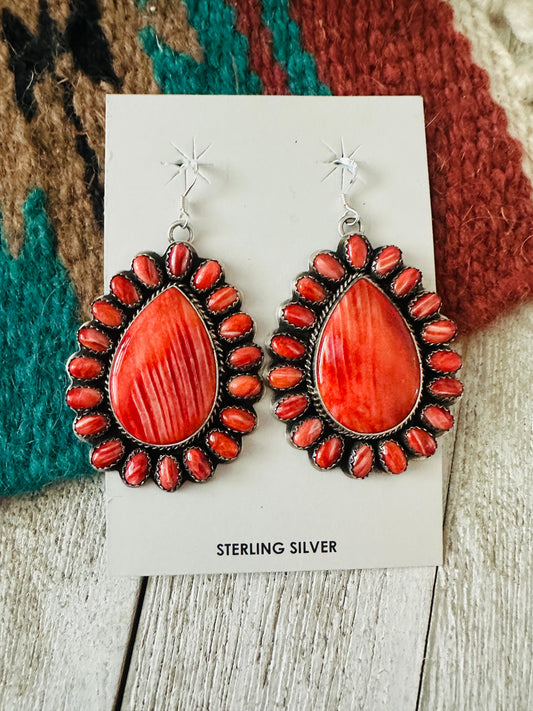 Handcrafted Sterling Silver & Red Spiny Cluster Dangle Earrings