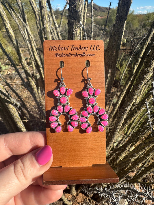 Handmade Hot Pink Fire Opal and Sterling Silver Naja Dangle Earrings