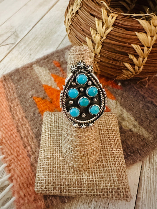 Handcrafted Turquoise & Sterling Silver Cluster Ring Size 5.5