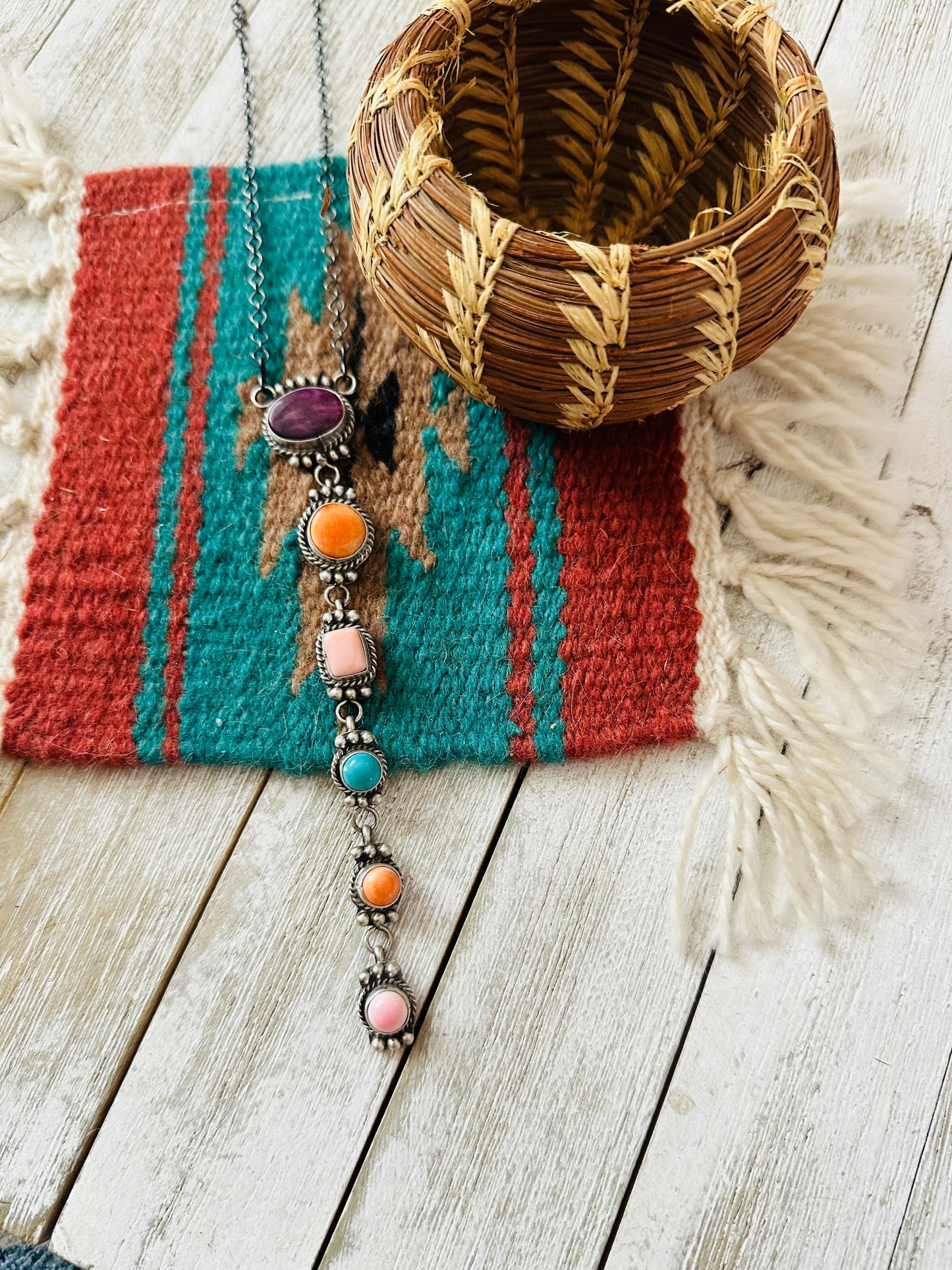Handcrafted Sterling Silver & Multi Stone Lariat Necklace