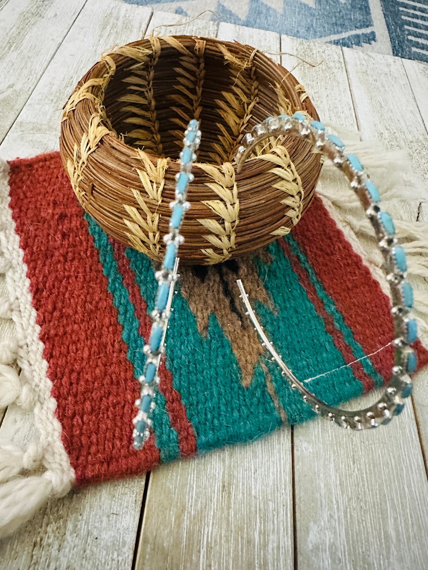 Handcrafted Turquoise & Sterling Silver Needlepoint Hoop Earrings