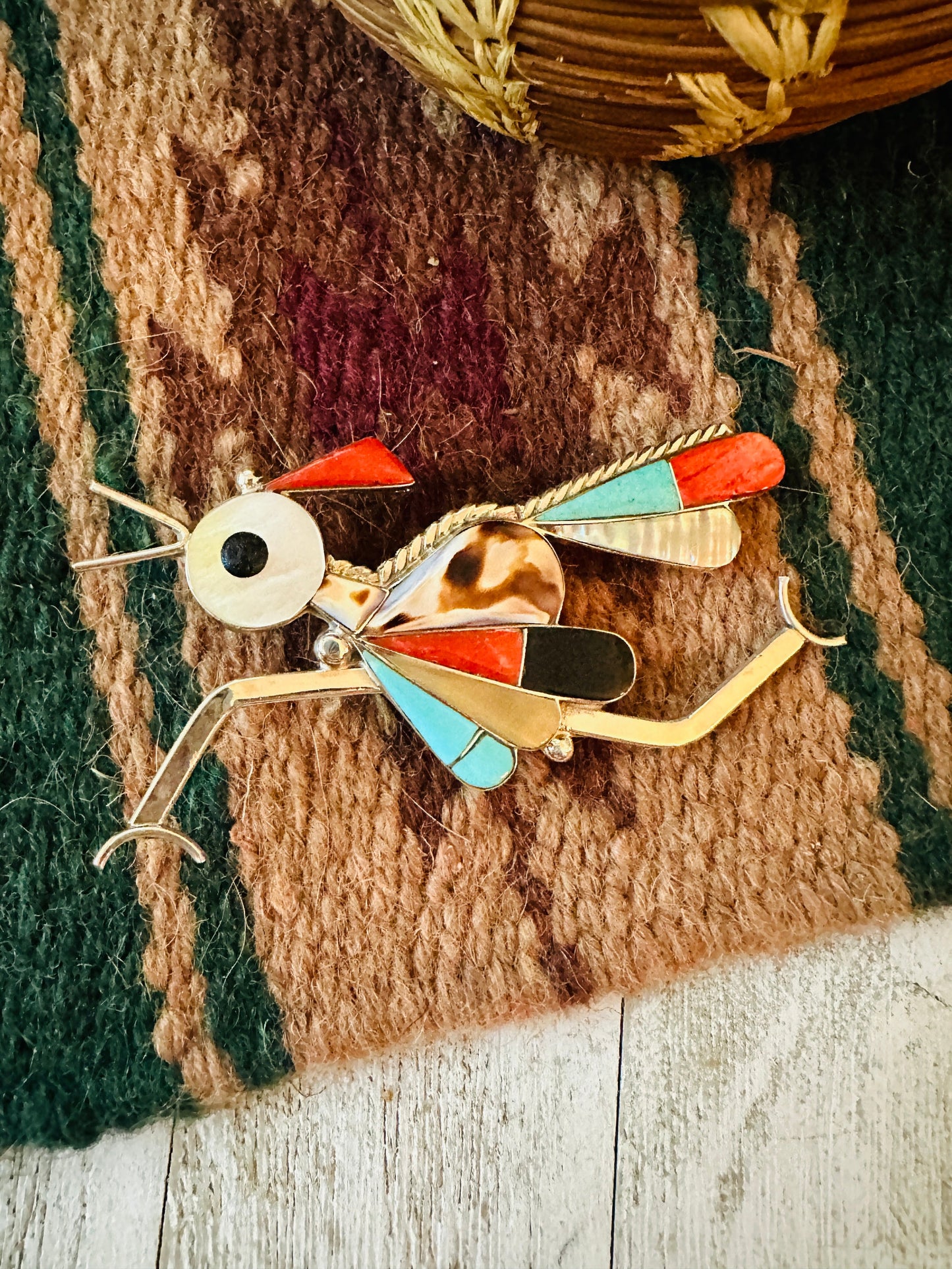 Handcrafted Multi Stone & Sterling Silver Inlay Roadrunner Brooch/ Pendant