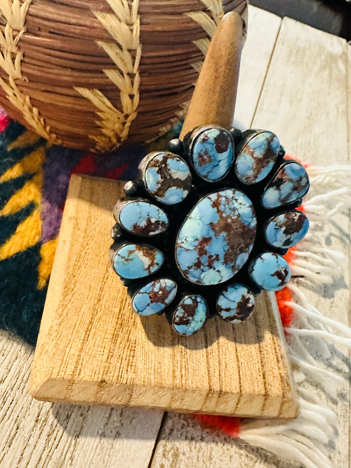 Handcrafted Golden Hills Turquoise & Sterling Silver Cluster Ring by Blaine Yellowhorse, Size 8.5