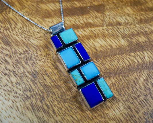 Turquoise & Lapis Slim Mosaic Pendant Necklace