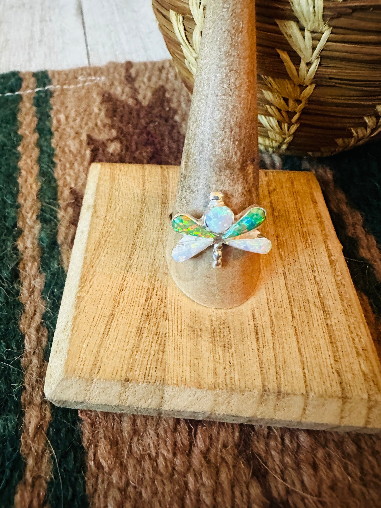 Handcrafted Sterling Silver, Green & White Opal Dragonfly Ring