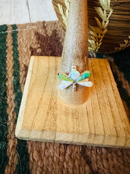 Handcrafted Sterling Silver, Green & White Opal Dragonfly Ring