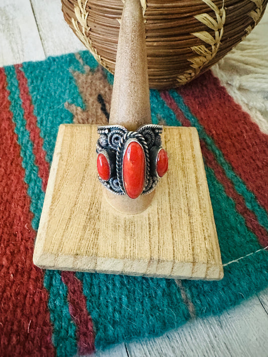 Handcrafted Sterling Silver and Coral Ring Size 10 by Hemerson Brown