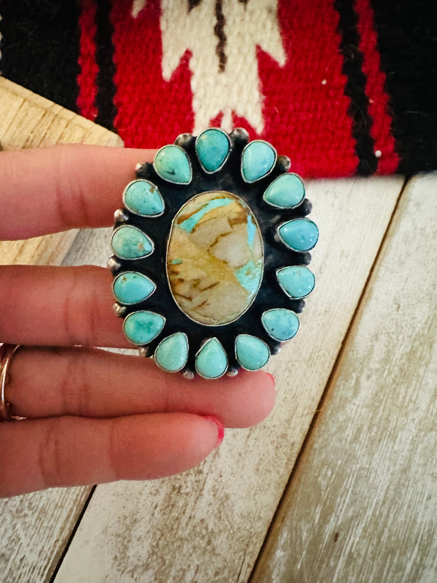 Handcrafted Ribbon Turquoise & Sterling Silver Cluster Ring Size 8
