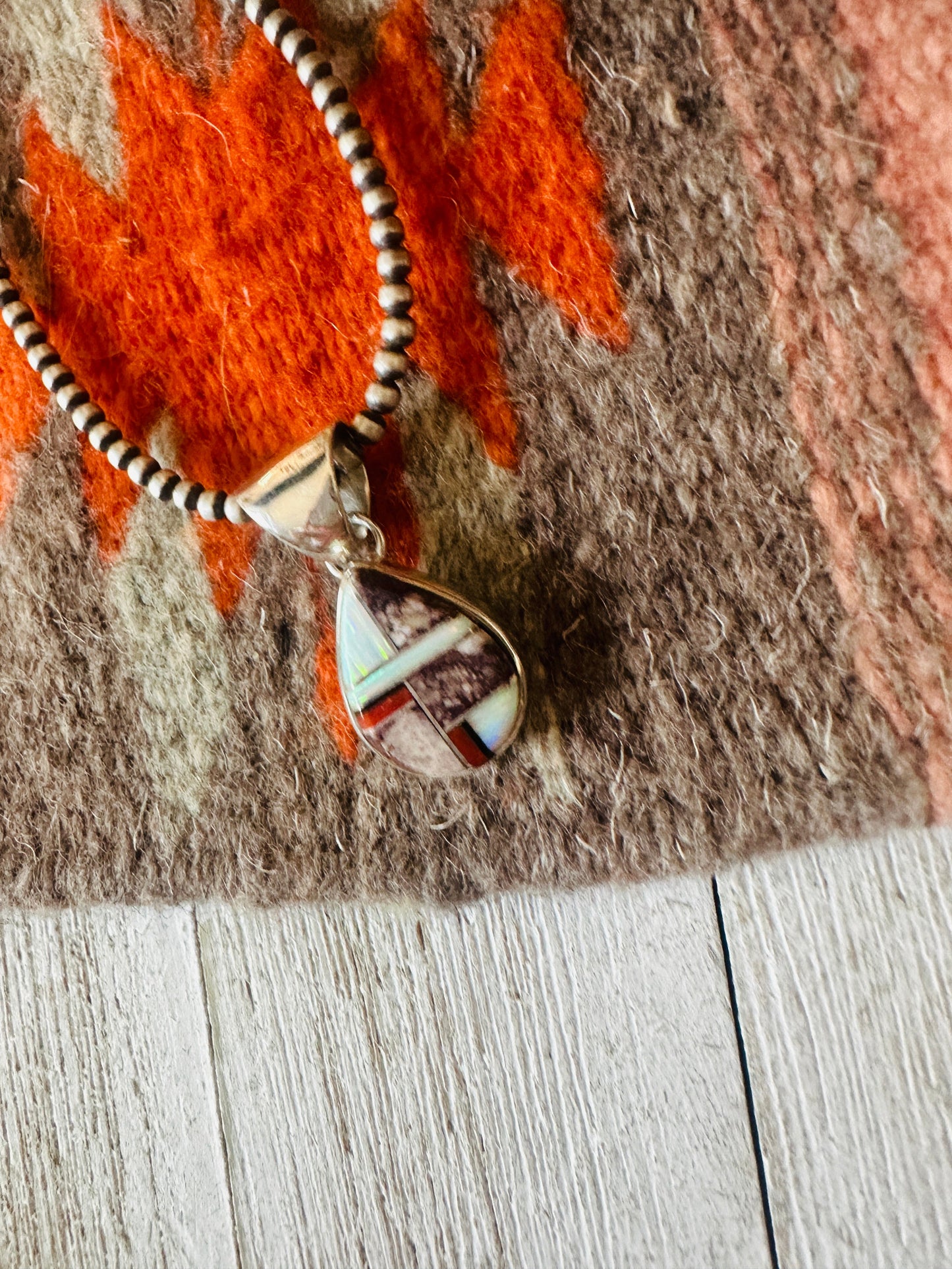 Handcrafted Multi Stone & Sterling Silver Inlay Teardrop Pendant