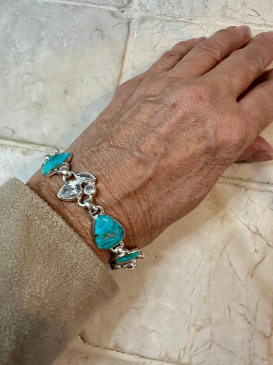 Turquoise 5 Stone & CZ Sterling Silver Bracelet