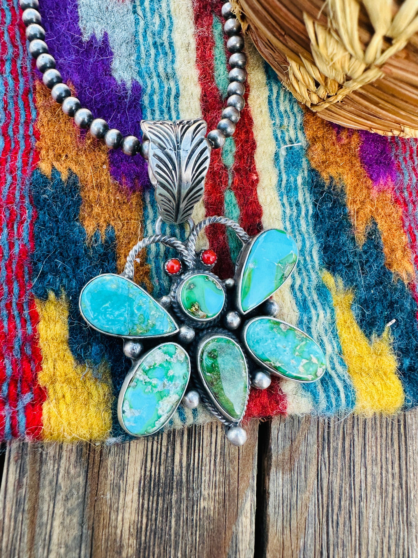 Handcrafted Sterling Silver, Turquoise & Coral Dragonfly Pendant by Emer Thompson