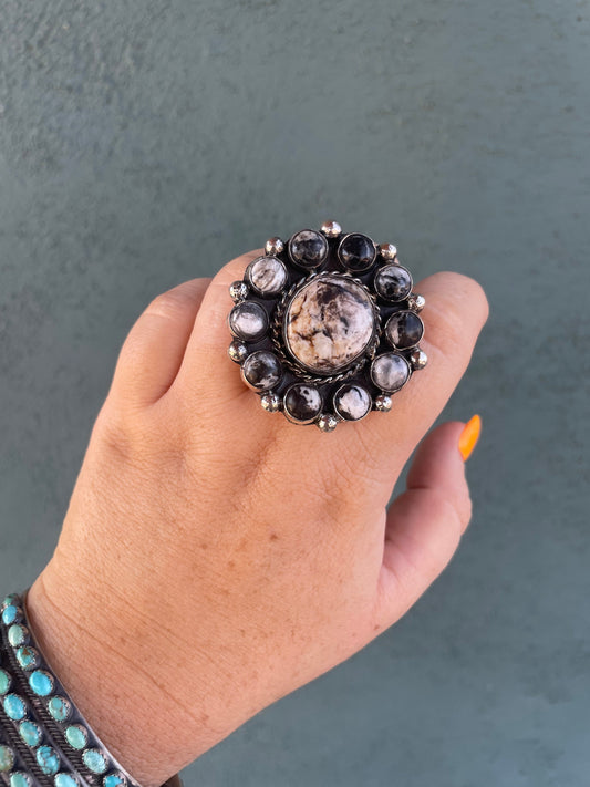 Handcrafted Sterling Silver & White Buffalo Adjustable Ring Signed
