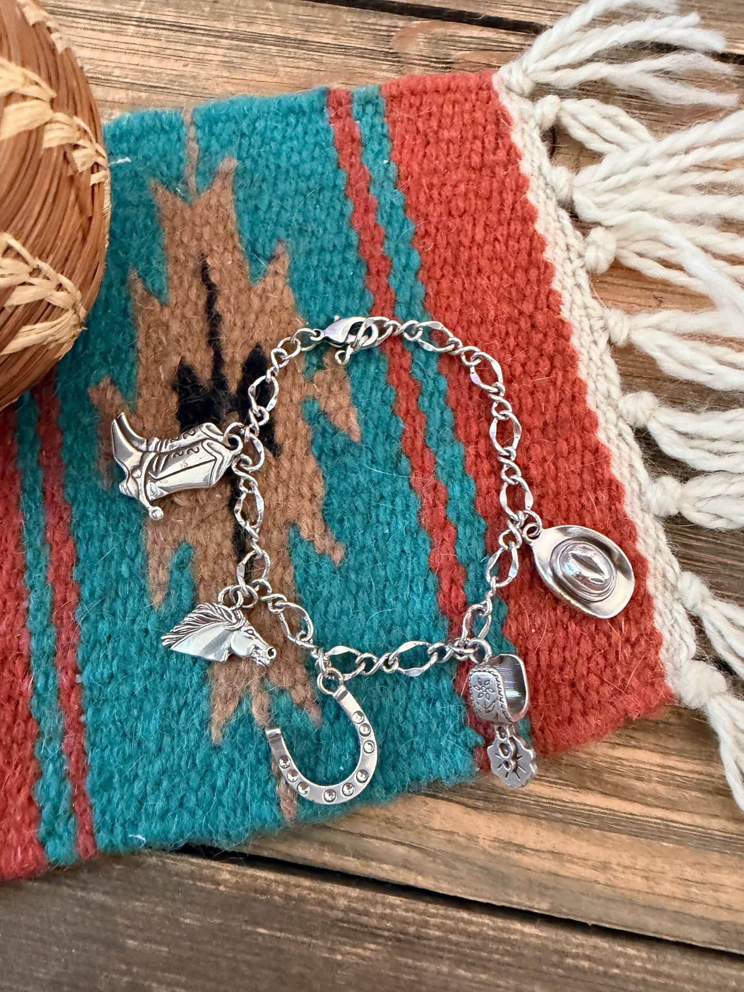 Handcrafted Old Pawn Sterling Silver Cowboy Charm Bracelet