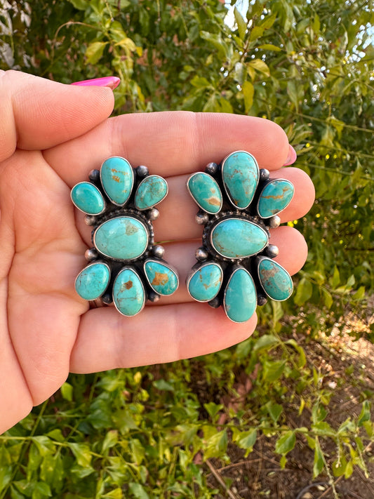 Handcrafted Sterling Silver & Turquoise Cluster Post Earrings Signed
