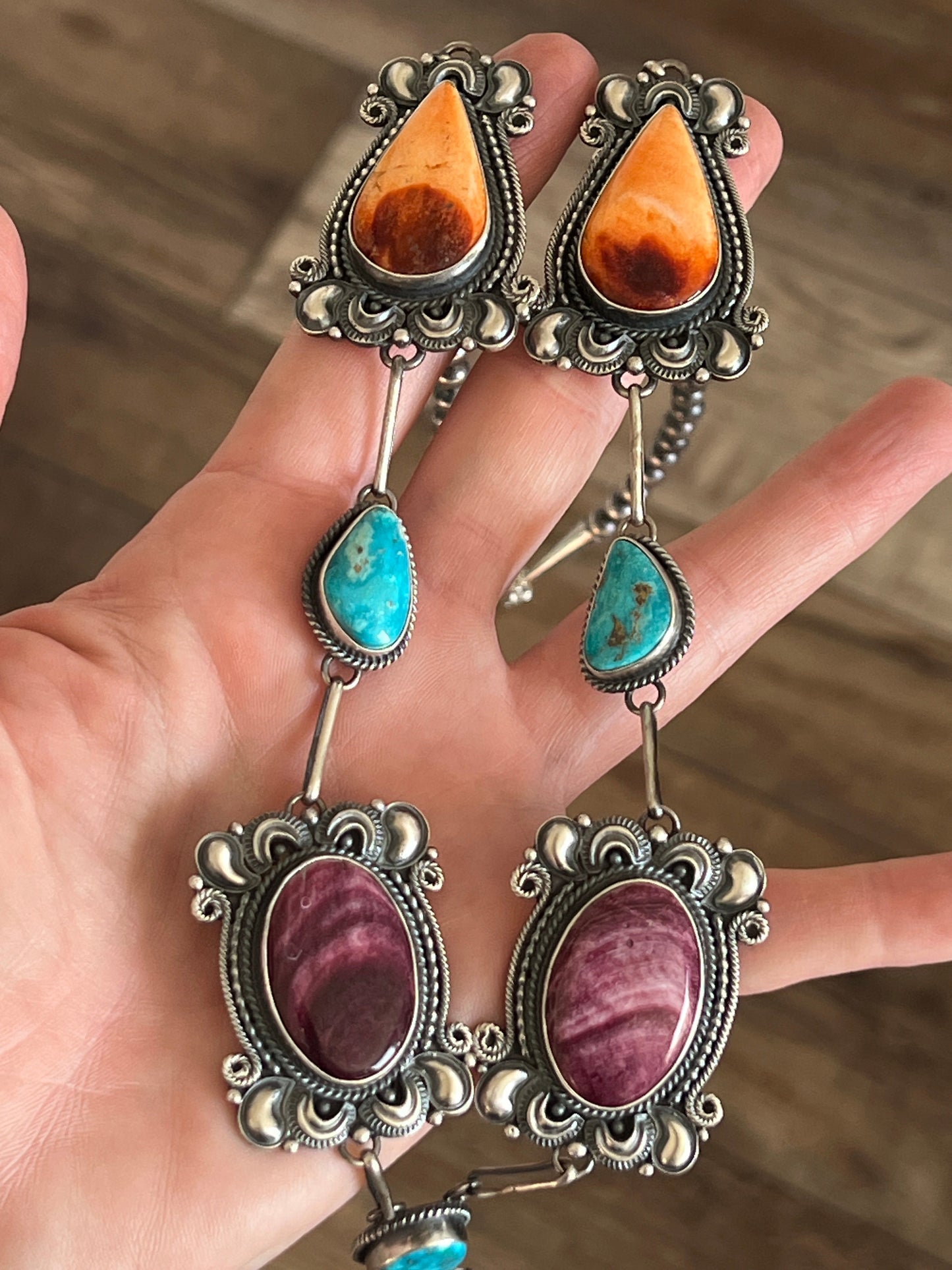 Handcrafted Sterling Silver, Spiny Oyster and Turquoise Link and Bead Electric Rainbow Necklace and Earrings Set by Derrick Gordon