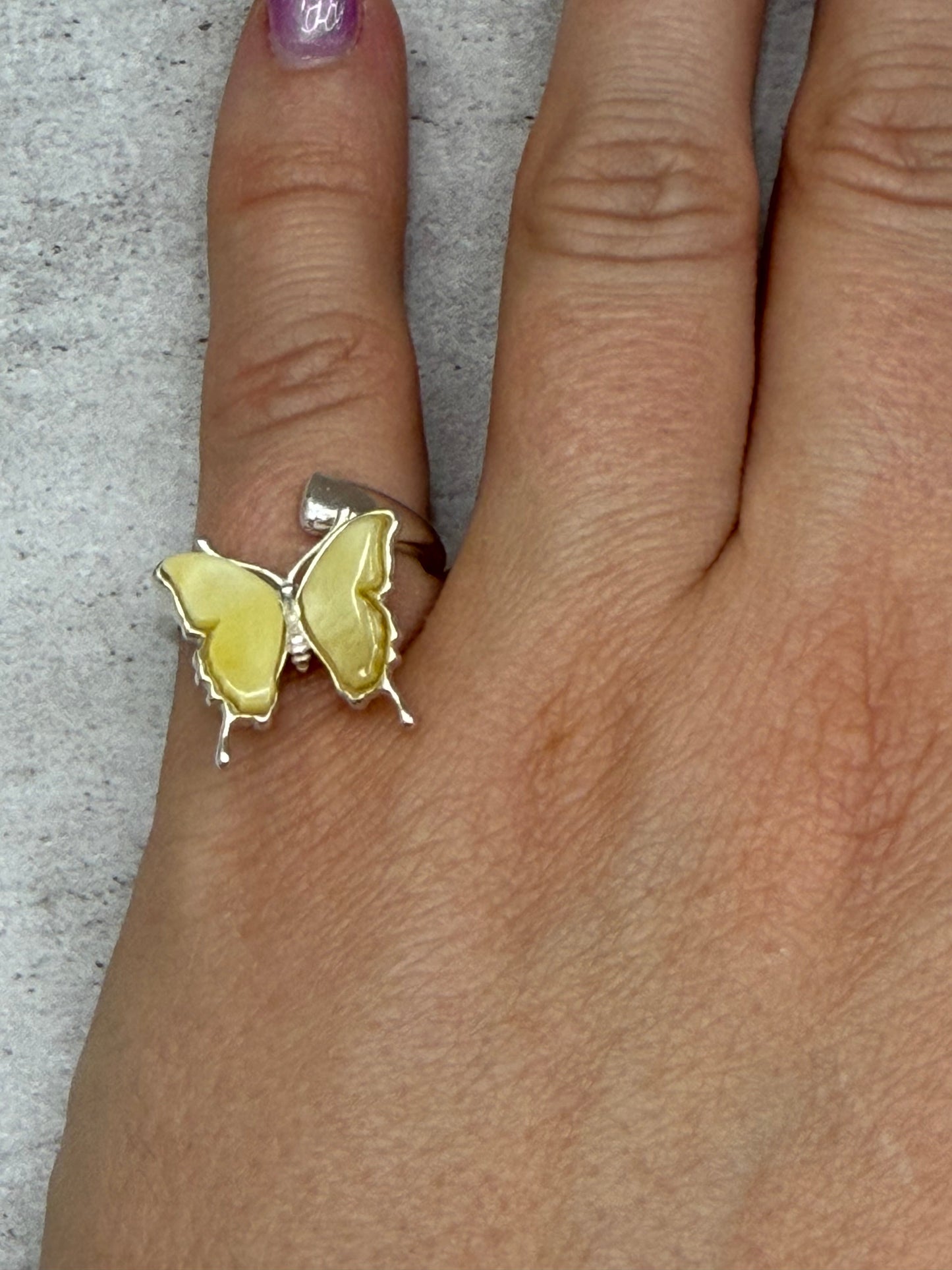 Butterfly Ring Yellow Amber Handmade Sterling Silver Adjustable
