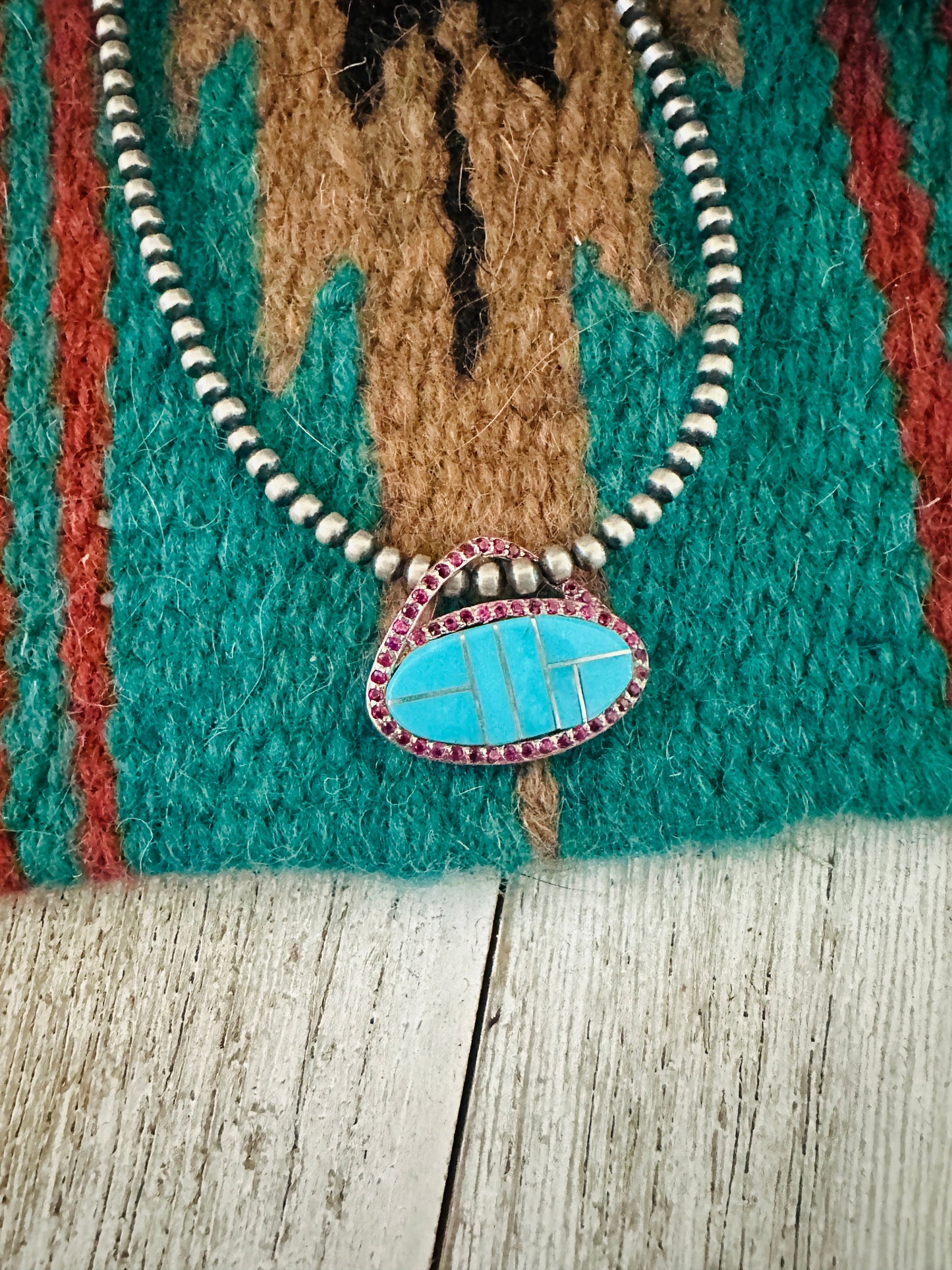 Handcrafted Turquoise, Garnet & Sterling Silver Inlay Pendant