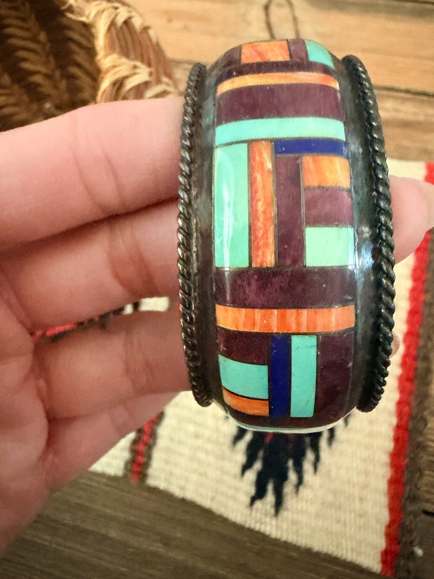 Handcrafted Old Pawn Sterling Silver & Multi Stone Inlay Cuff Bracelet