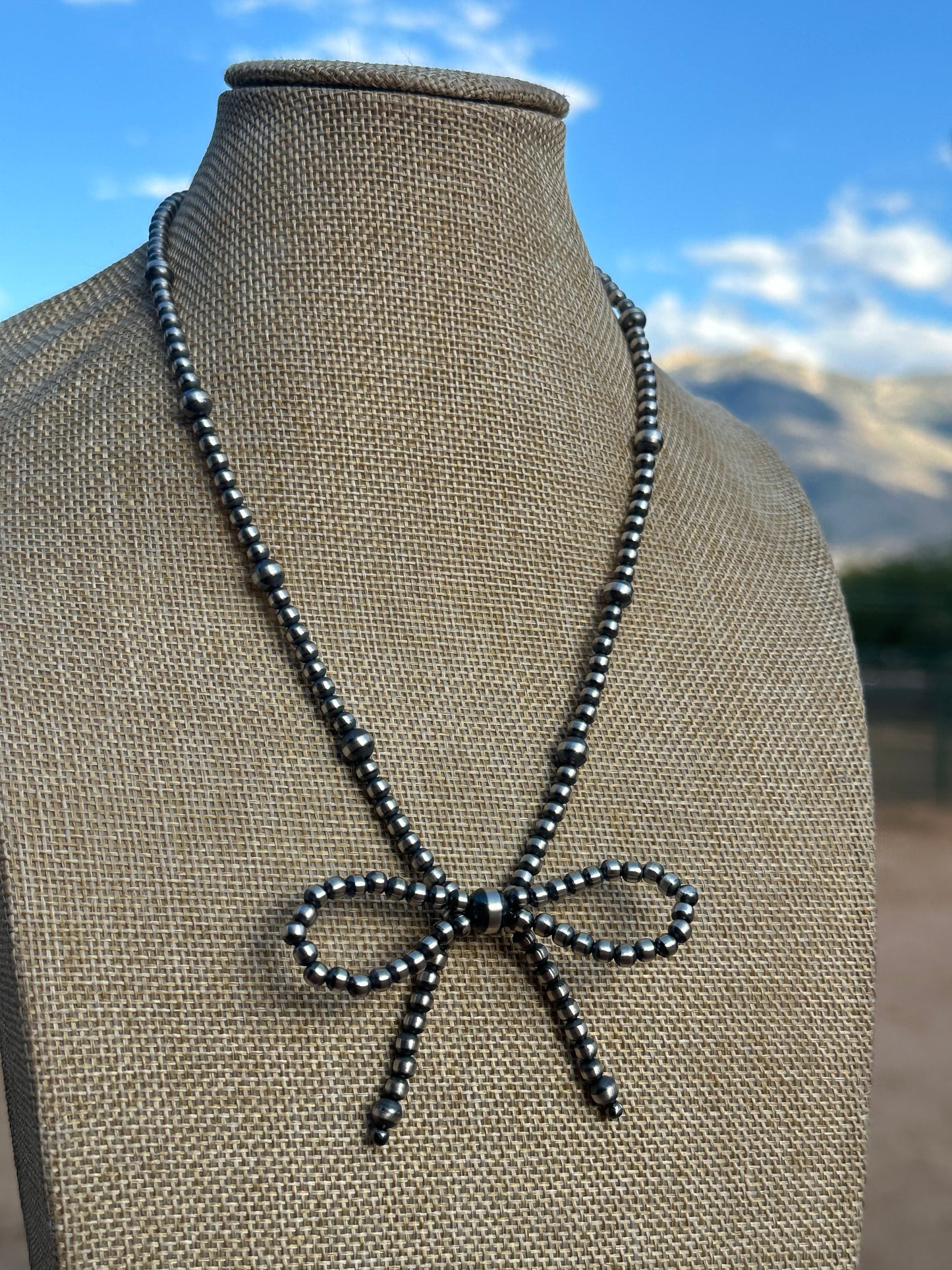 Handcrafted Sterling Silver Pearl Beaded Bow Tie 4-8mm Beaded Necklace 16 inches long