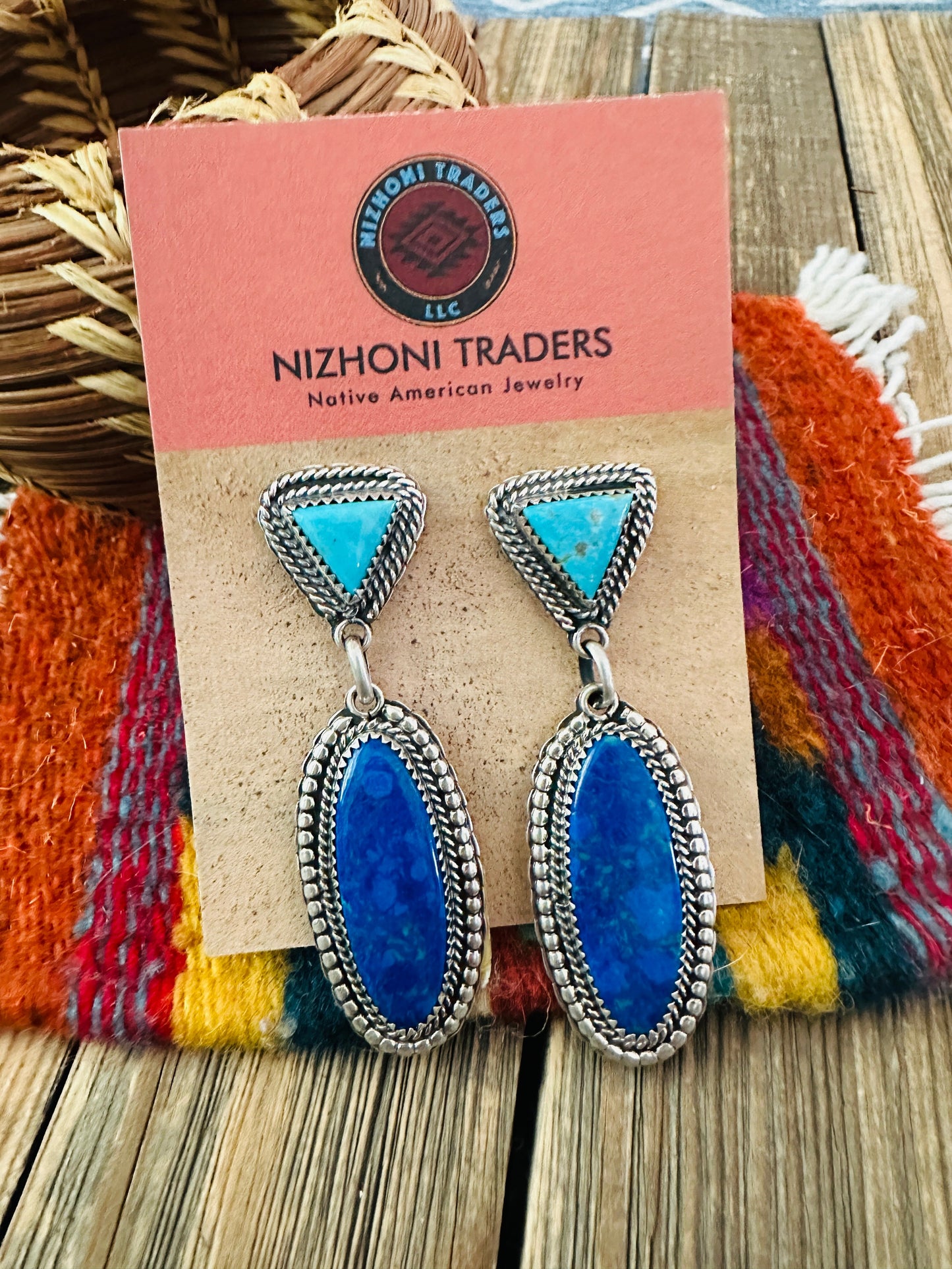 Handcrafted Lapis, Turquoise & Sterling Silver Dangle Earrings