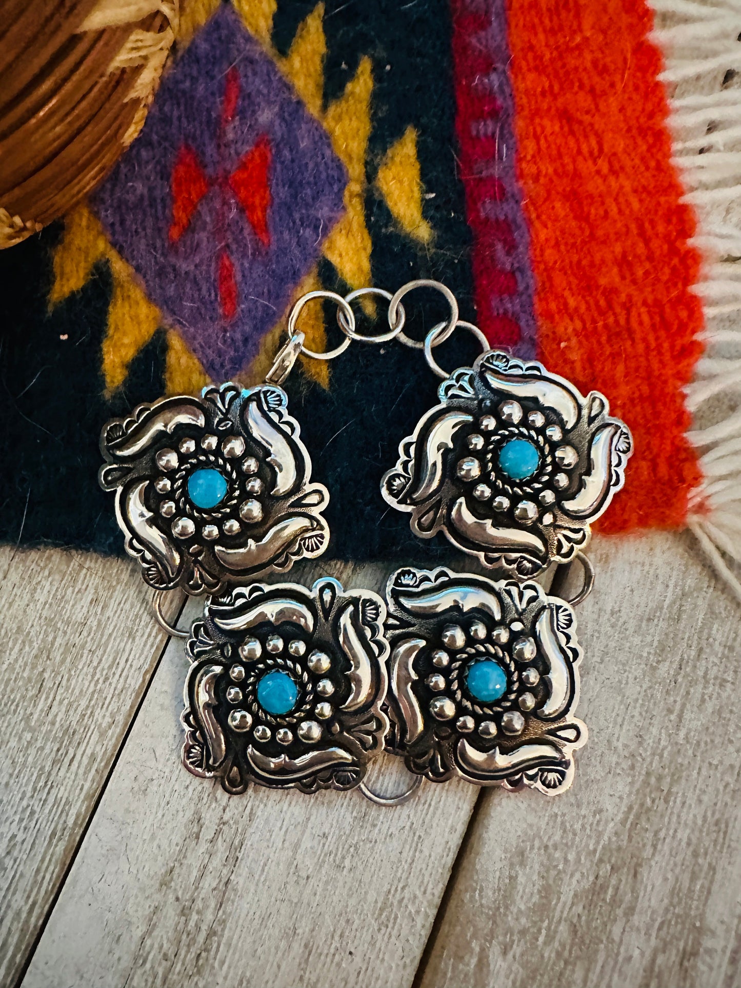 Handcrafted Turquoise & Sterling Silver Concho Link Bracelet