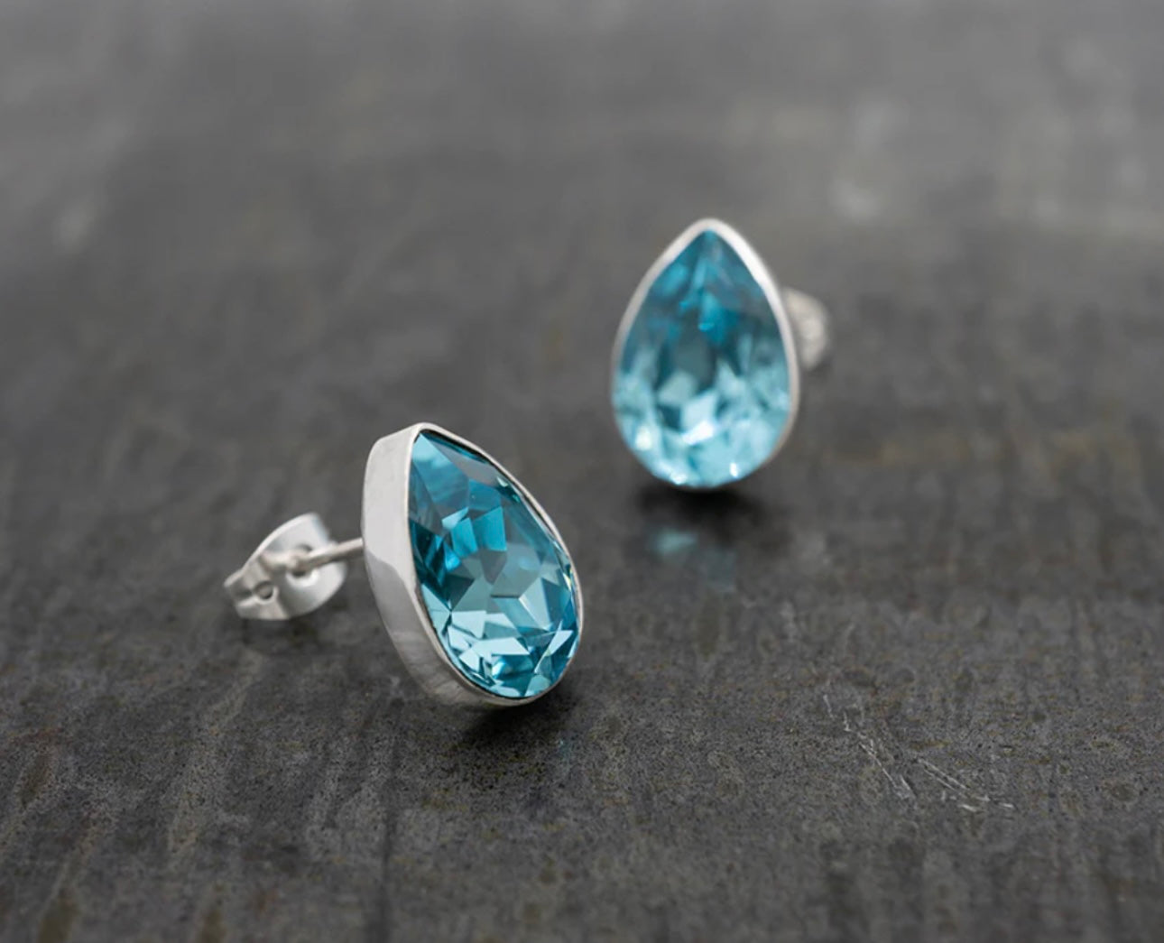 Aquamarine Blue Crystal Teardrop Sterling Silver Earrings