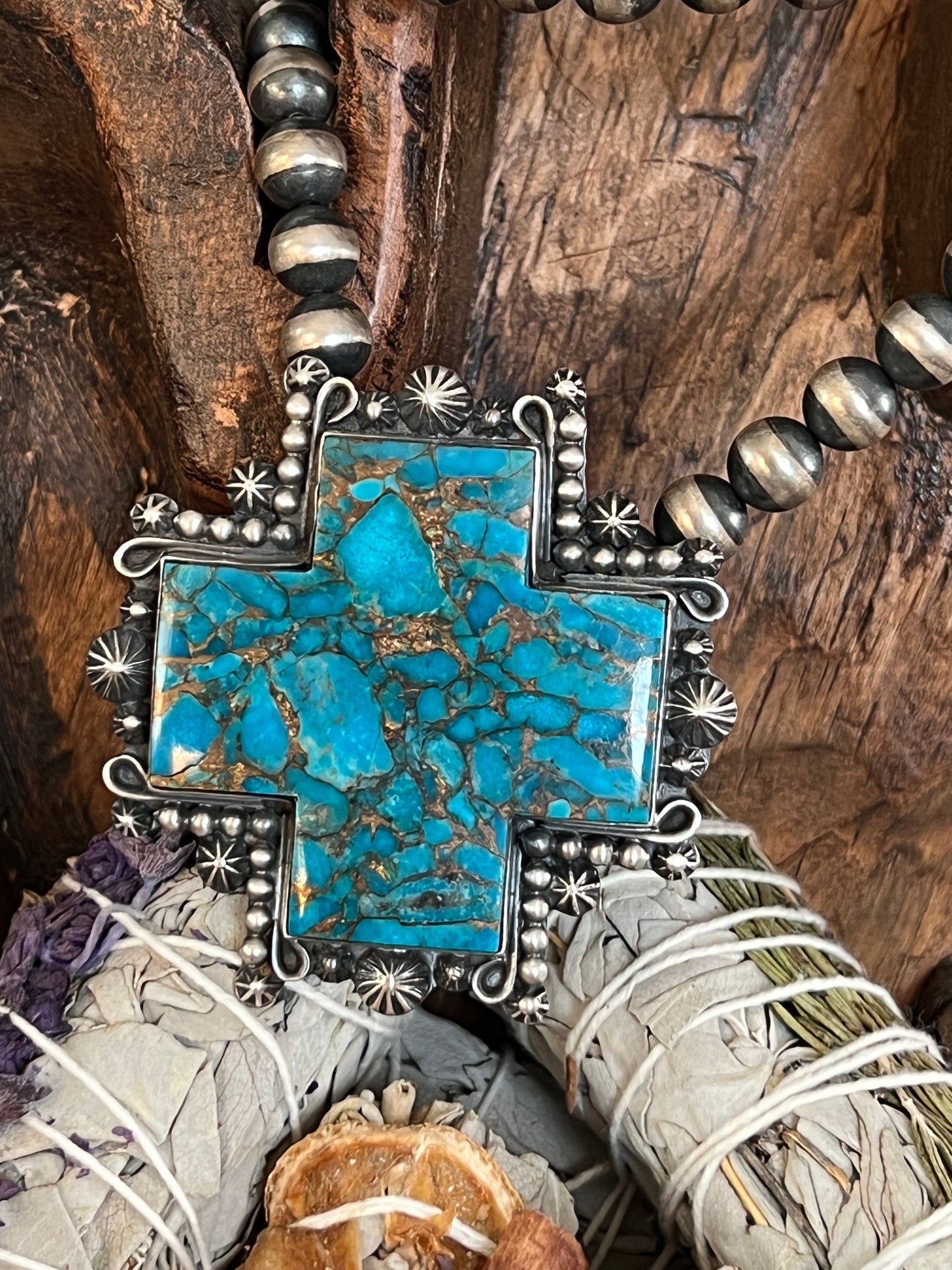 Rosella Paxson Blue Mohave Shepherd Hook Santa Fe Cross Pendant