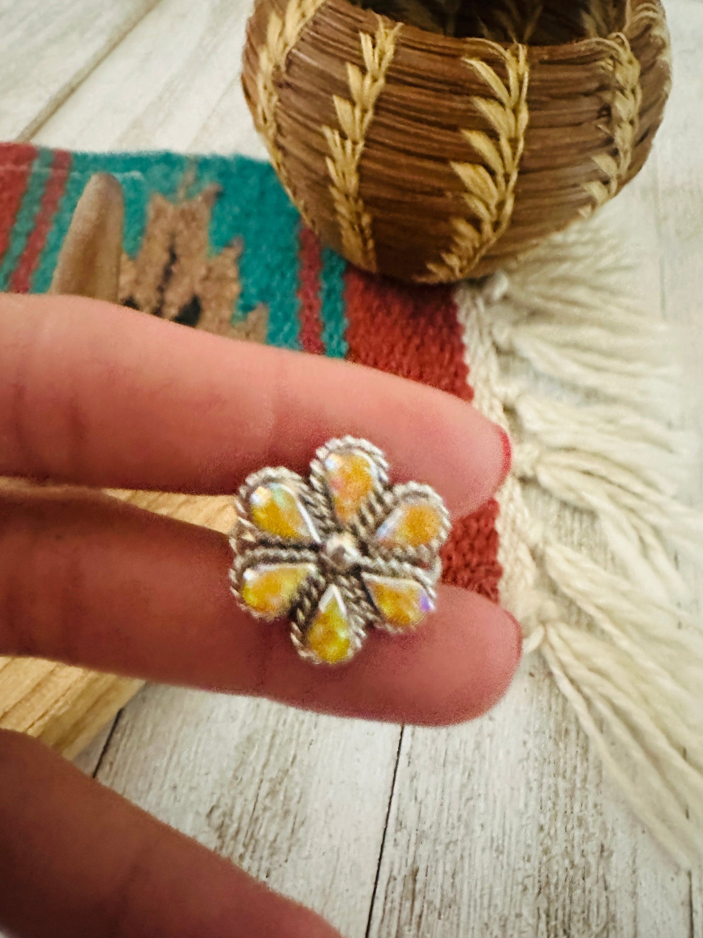 Handcrafted Sterling Silver & Yellow Opal Flower Ring Size 9