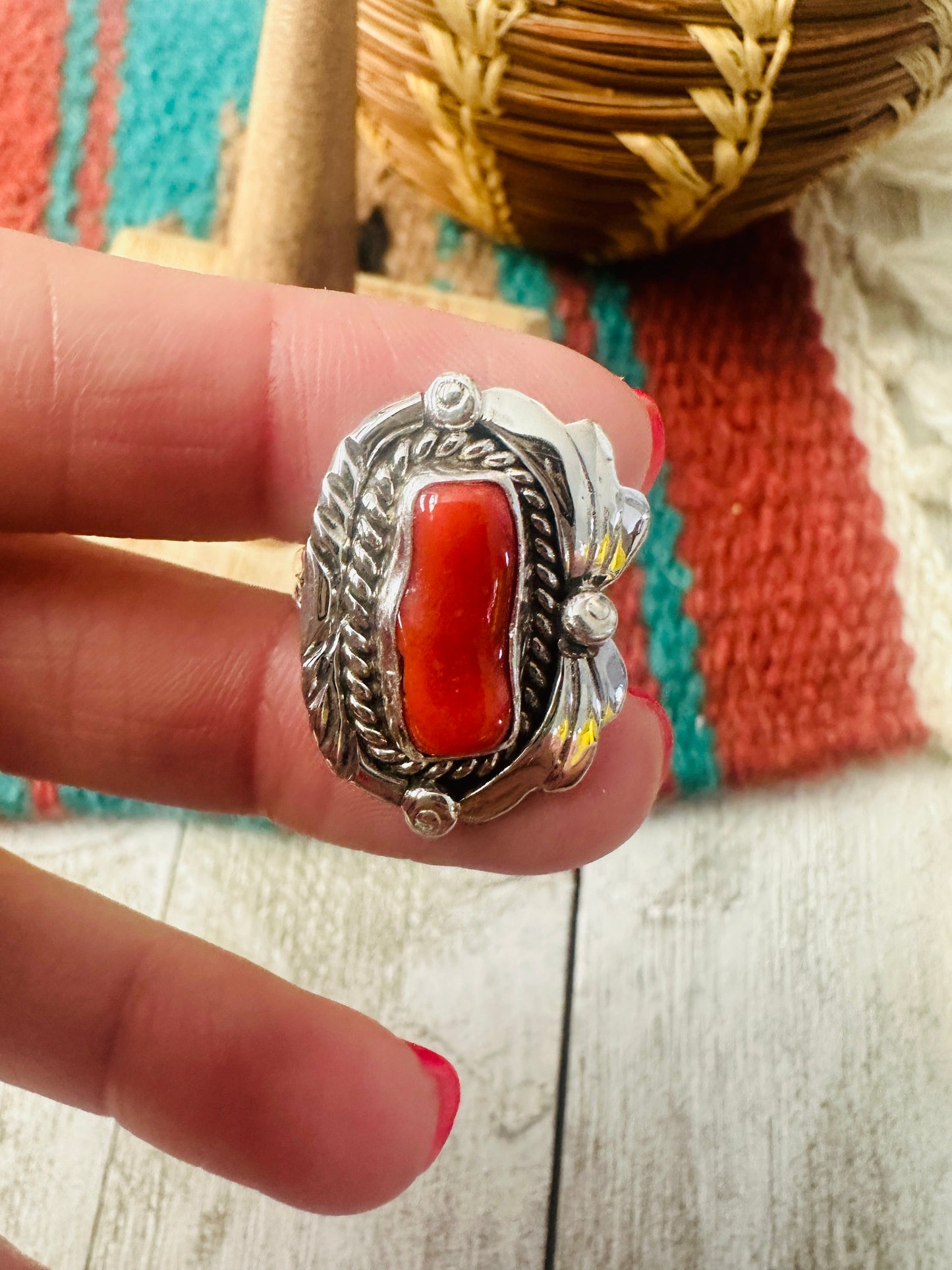 Handcrafted Coral & Sterling Silver Ring Size 5.5