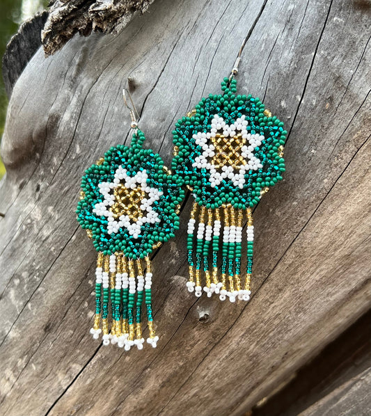 Handmade MultiColor Beaded Dangle Earrings (Green, White, & Gold)