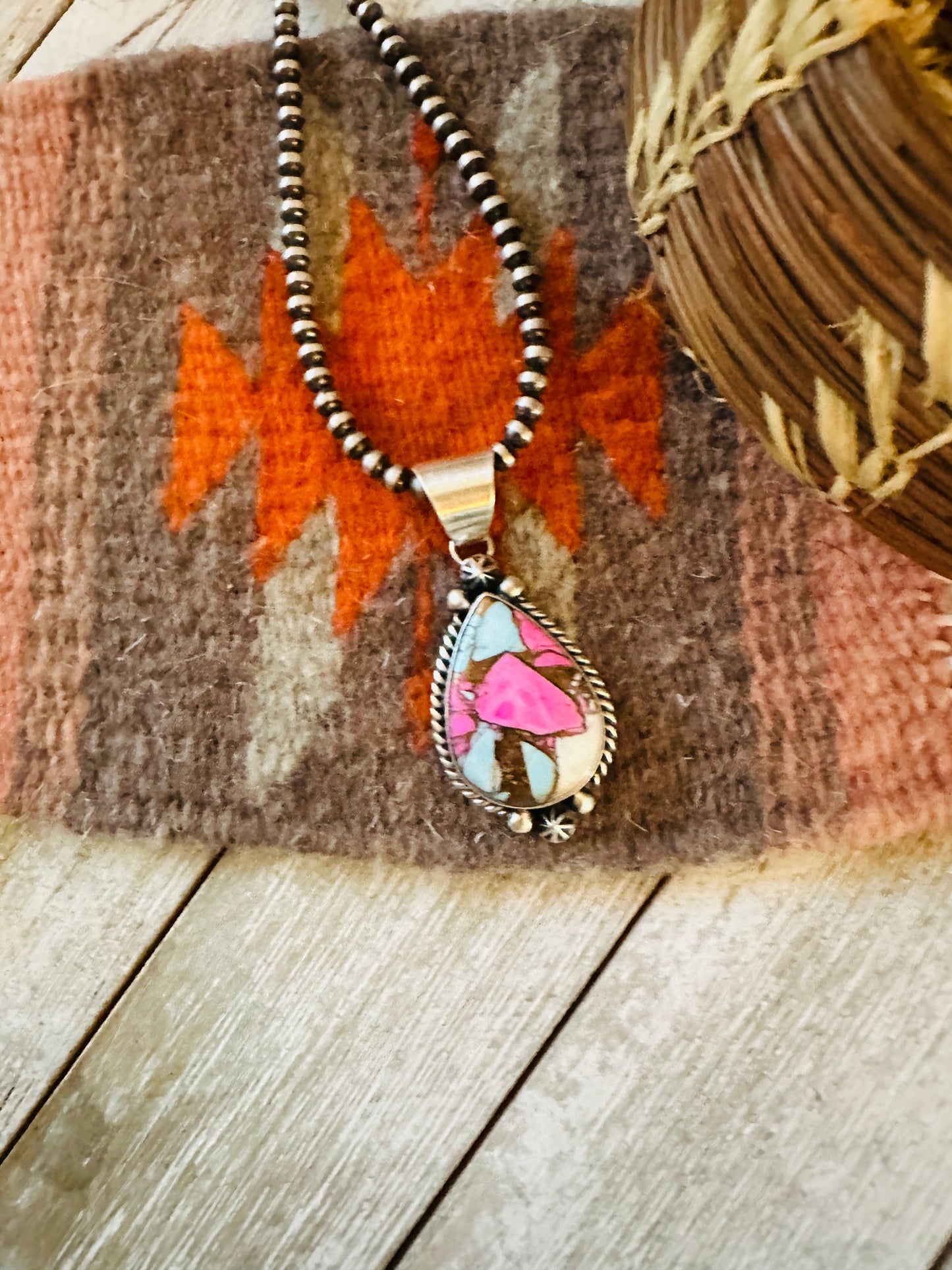 Handcrafted Cotton Candy & Sterling Silver Teardrop Pendant