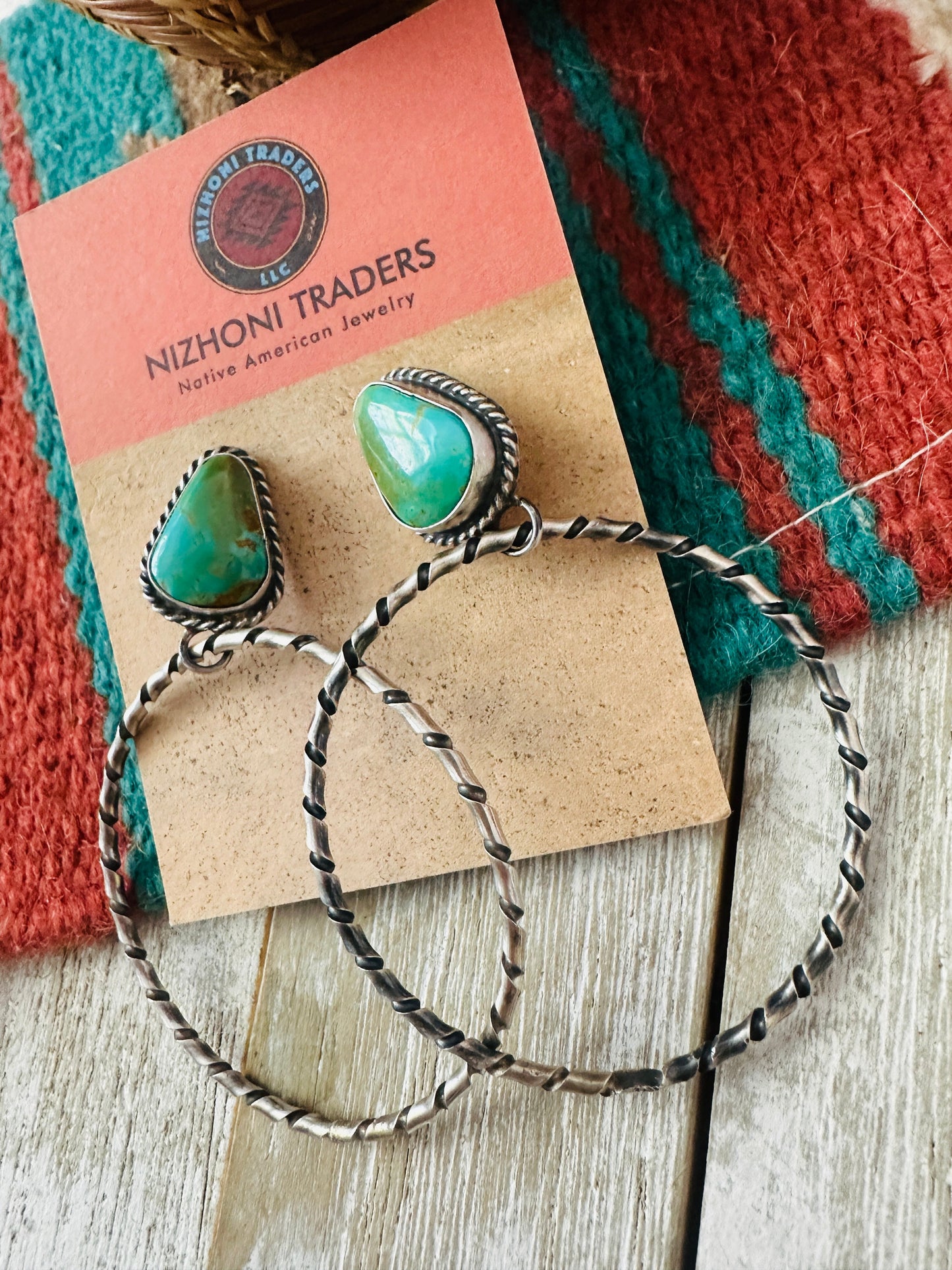 Handcrafted Turquoise and Sterling Silver Dangle Hoop Earrings