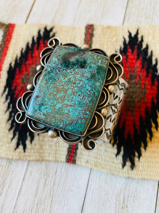 Handcrafted Tibetan Turquoise & Sterling Silver Cuff Bracelet Signed