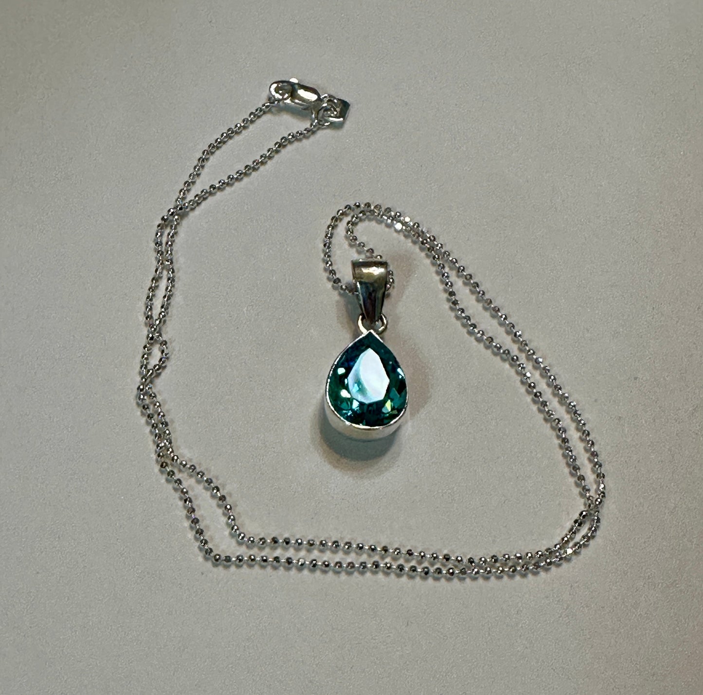 Aquamarine Blue Crystal  Teardrop Sterling Silver Pendant Necklace